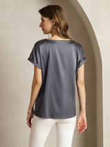 [Mörkgrå] SilkSilky-SE 19Momme Kort Ärm Båtringad Dam T-Shirt 002