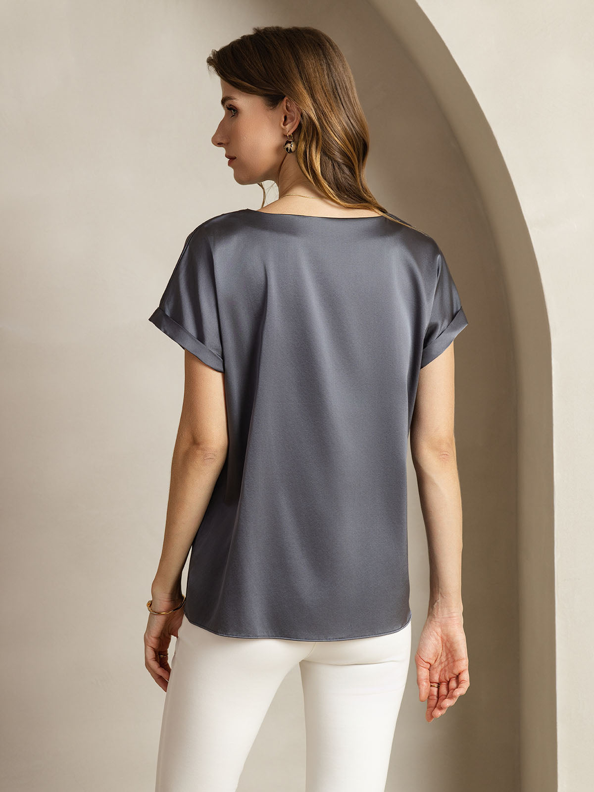 [Mörkgrå] SilkSilky-SE 19Momme Silke Womens T-Shirt 002,