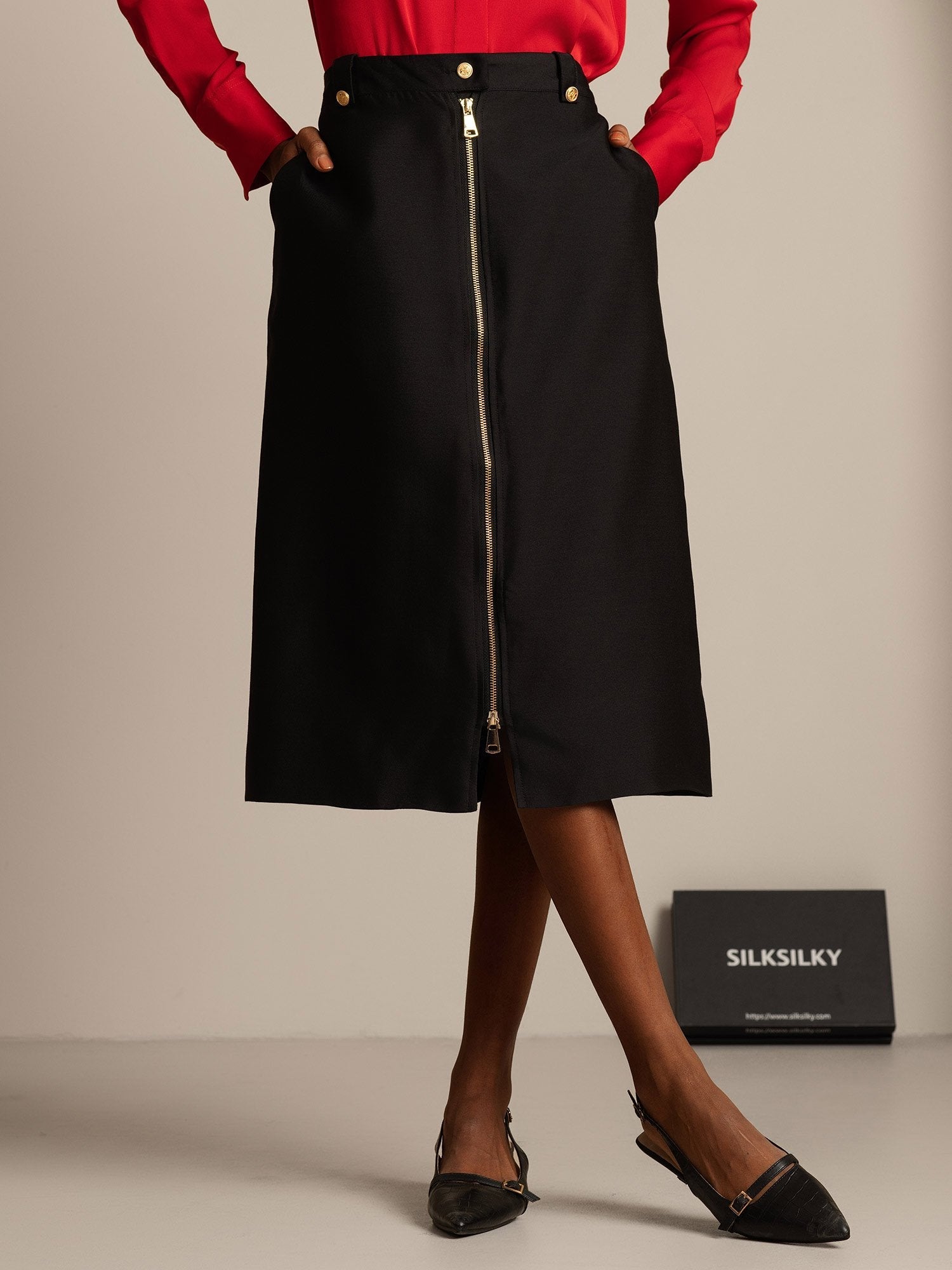 [Svart] SilkSilky-SE 32Momme Silk-Wool Blend Skirt 001,