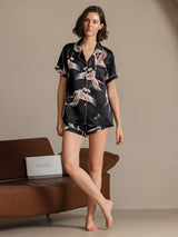 [Svart] SilkSilky-SE Short Sleeve Lapel Collar Dam Pyjama 006