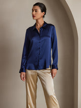 [Mörkblå] SilkSilky-SE Long Sleeve Lapel Collar Damskjorta 001