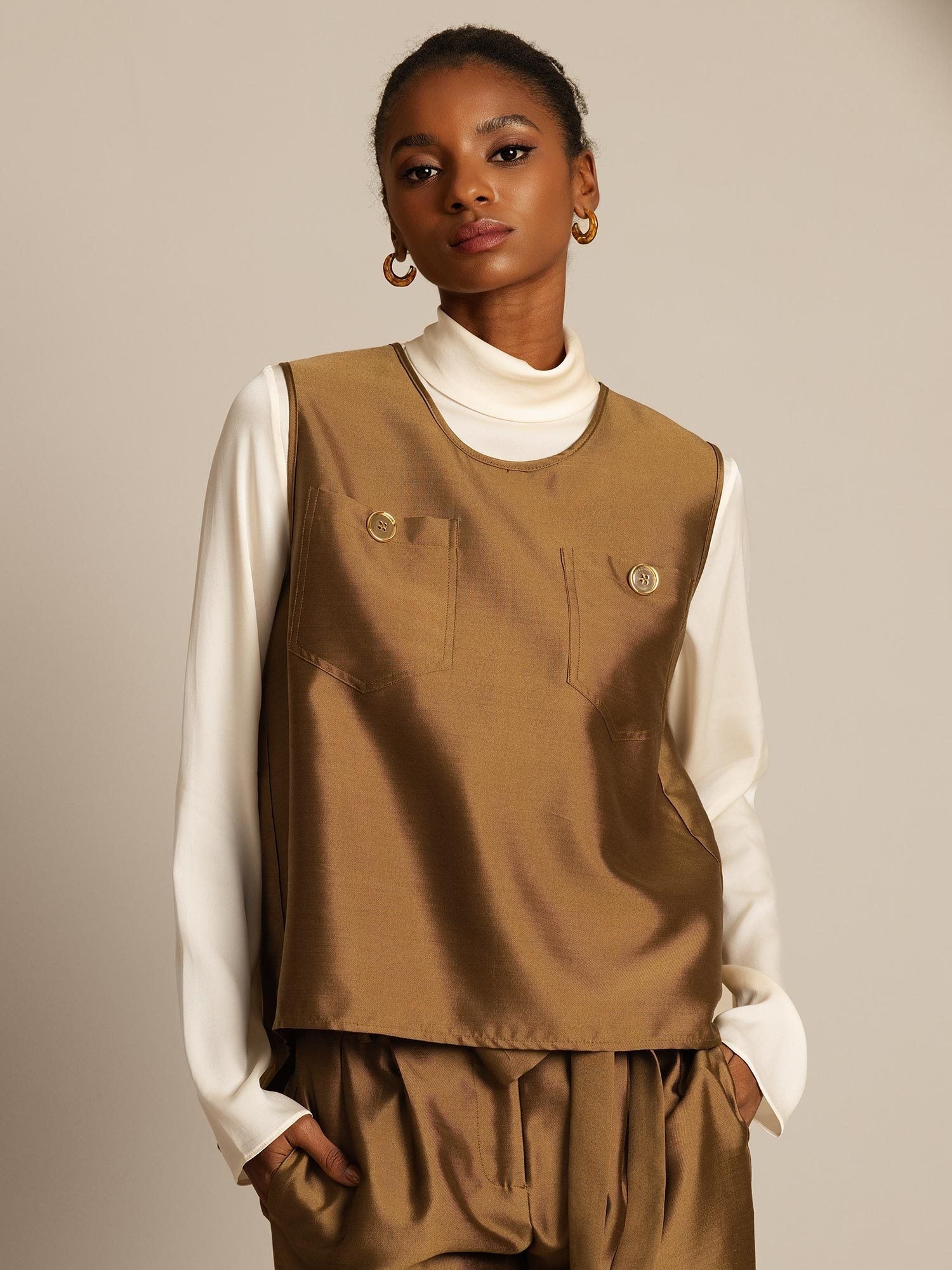 [Brons] SilkSilky-SE 32Momme Silk-Wool Blend Womens Vest 001,