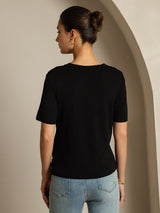 [Svart] SilkSilky-SE Kort Ärm V Ringning Dam T-Shirt 002