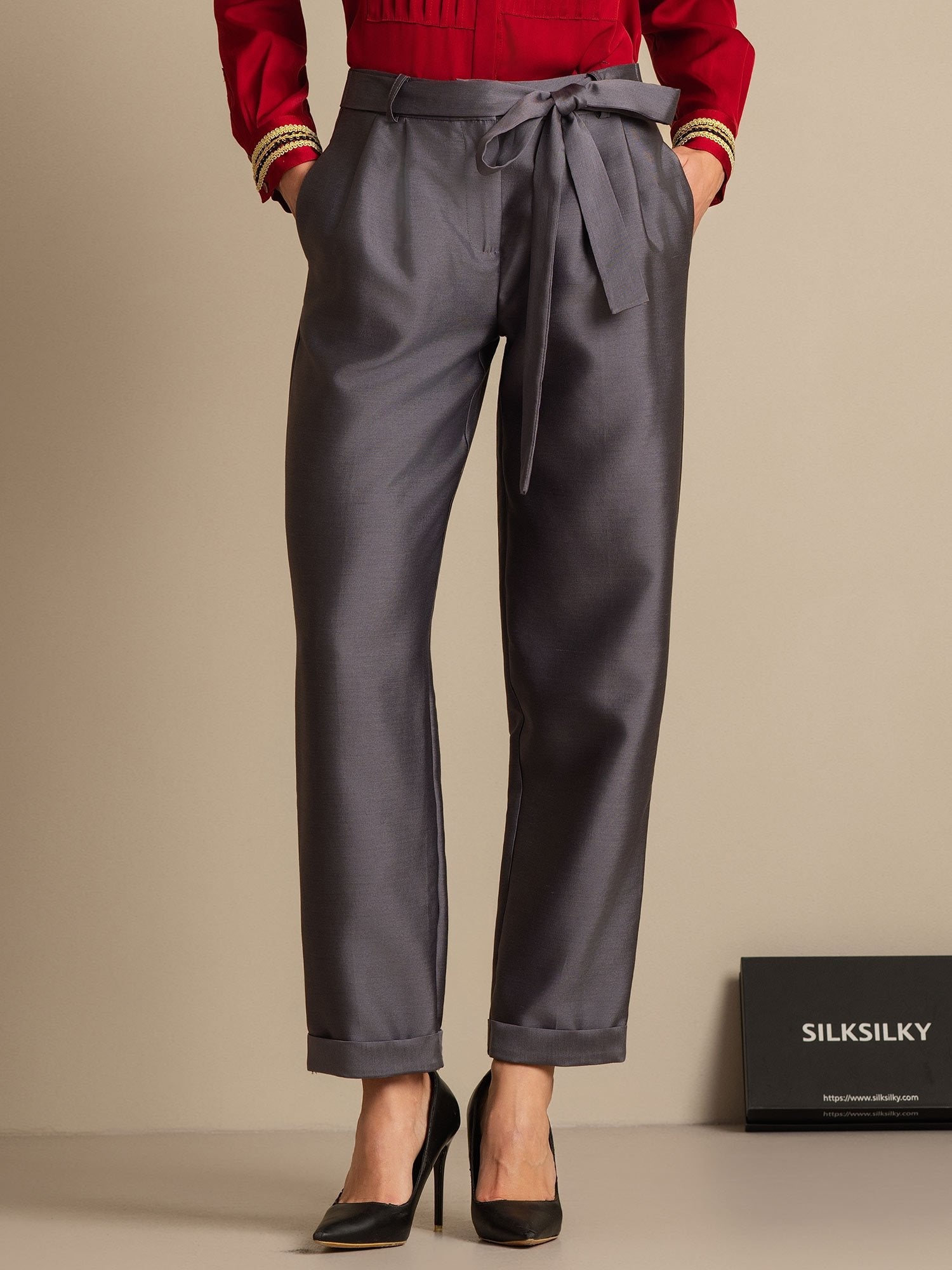 [Grå] SilkSilky-SE 32Momme Silk-Wool Blend Womens Pants 001,