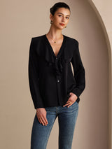 [Svart] SilkSilky-SE Long Sleeve Deep V Neck Damblusar 001