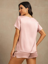 [Persikohud] SilkSilky-SE 19Momme Kort Ärm Rund Halsringning Dam Pyjama 002