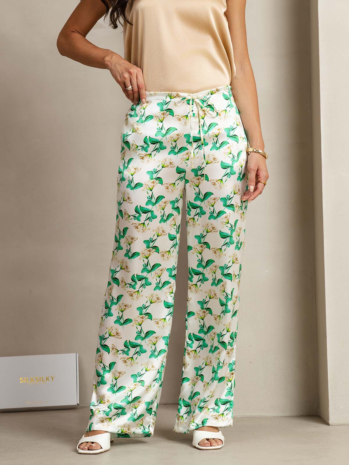 [Grön Blommor] SilkSilky-SE 19Momme Silke Womens Pants 001