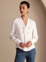 [Vit] SilkSilky-SE Long Sleeve Tie Neck Damblusar 004