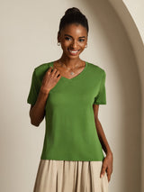 [Grön] SilkSilky-SE Short Sleeve V Neck Dam T-Shirt 005