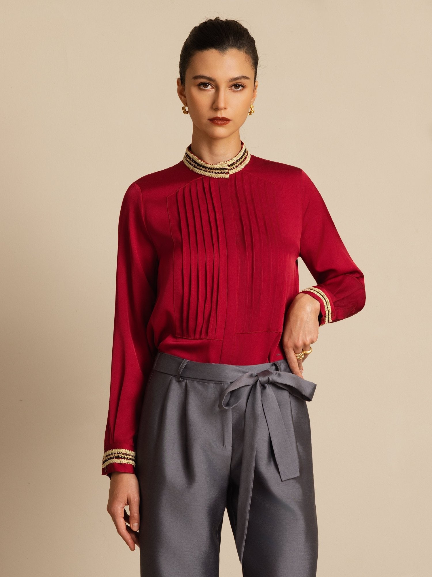 [Vin] SilkSilky-SE 19Momme Silke Lång Ärm Ståkrage Blus 001