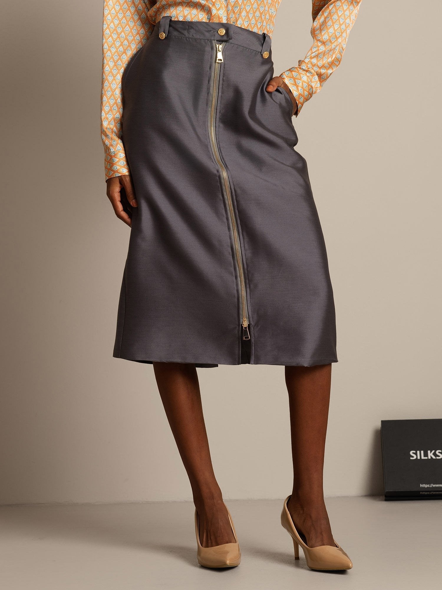 [Grå] SilkSilky-SE 32Momme Silk-Wool Blend Skirt 003,