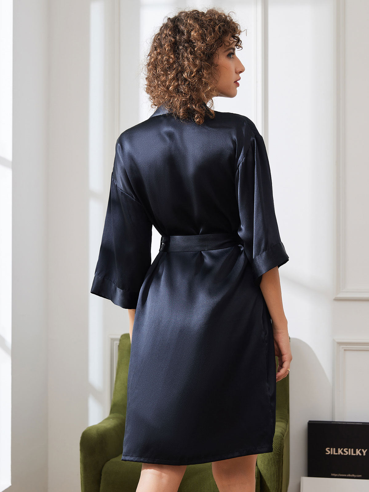 [Svart] SilkSilky-SE Rent Silke Womens Robe 002,