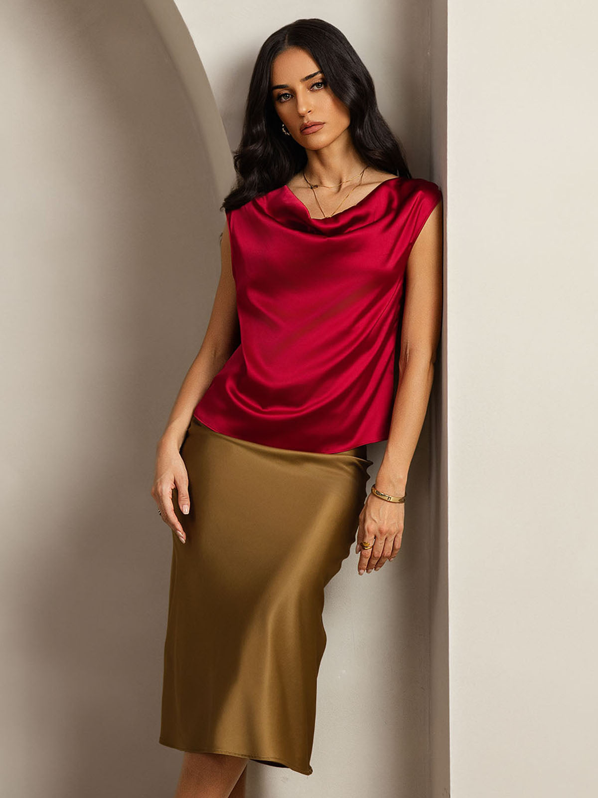 [Vin] SilkSilky-SE 19Momme Kappärm Cowl Halsringning Dam T-Shirt 004