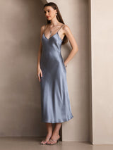 [Gråblå] SilkSilky-SE Spaghetti Strap V Neck Klänning 006