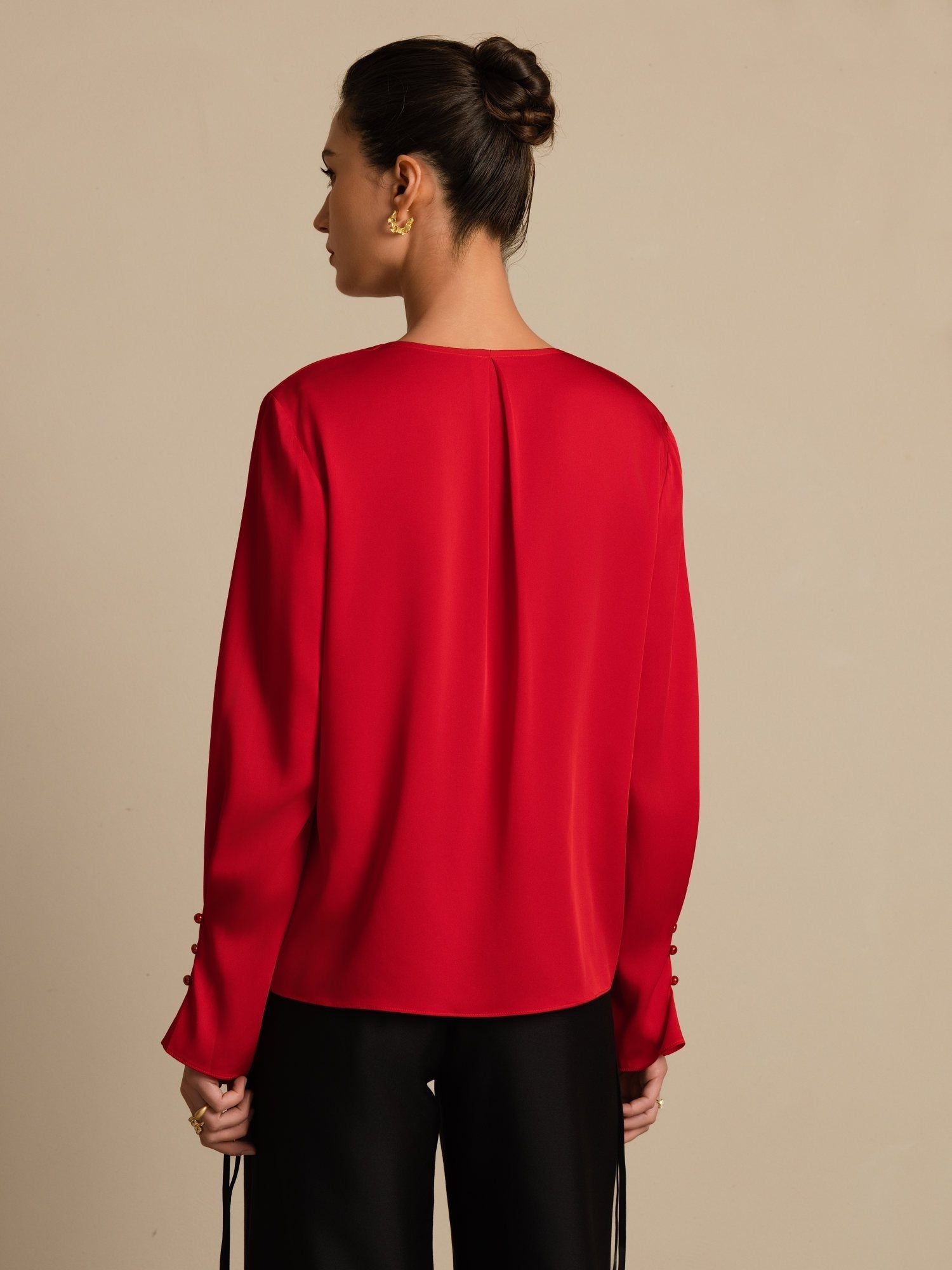 [Vin] SilkSilky-SE 19Momme Silke Lång Ärm V Ringning Blus 002