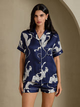 [Marinblå Gepard] SilkSilky-SE Short Sleeve Notch Collar Dam Pyjama 004