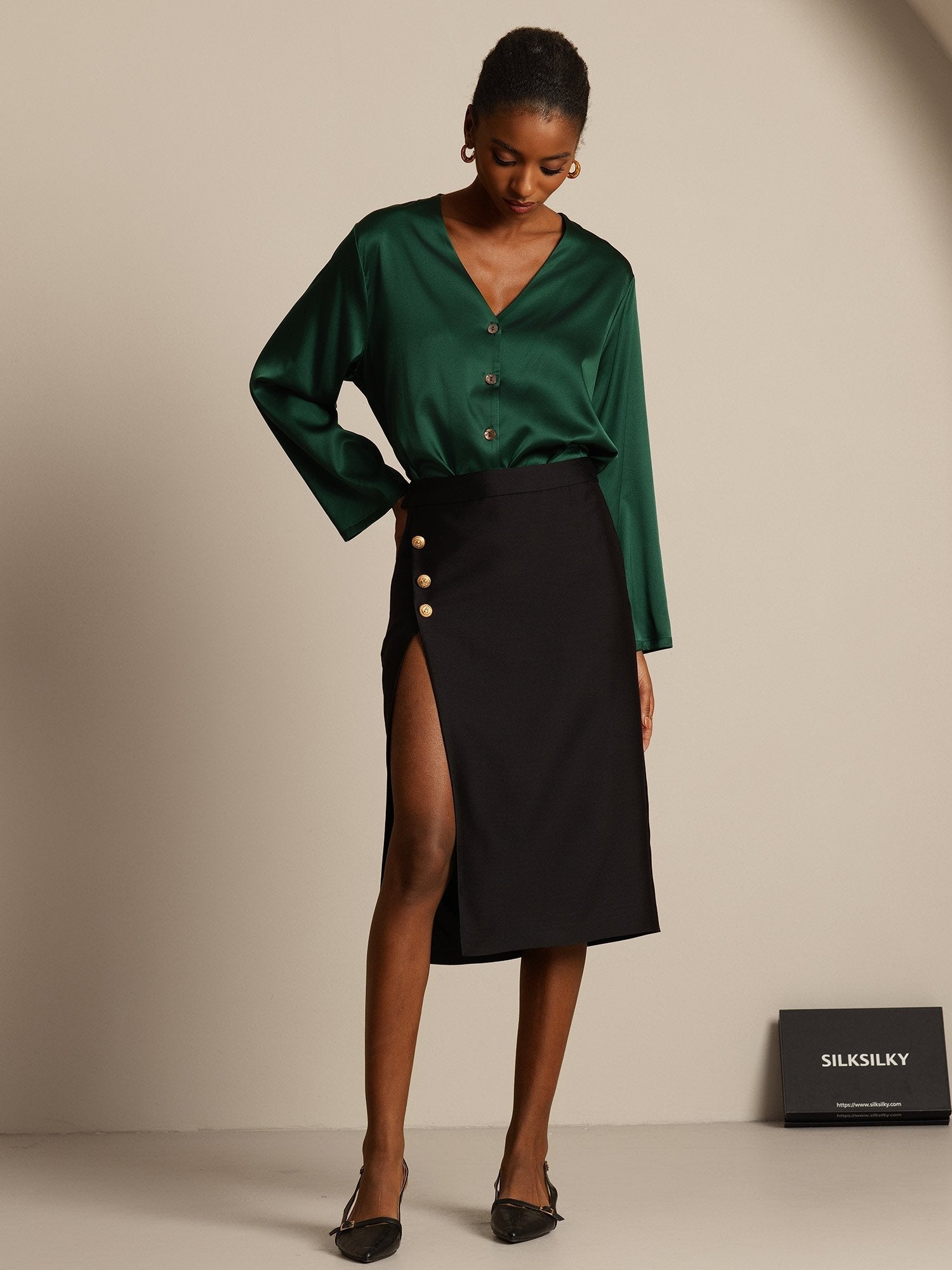 [Svart] SilkSilky-SE 32Momme Silk-Wool Blend Skirt 008,