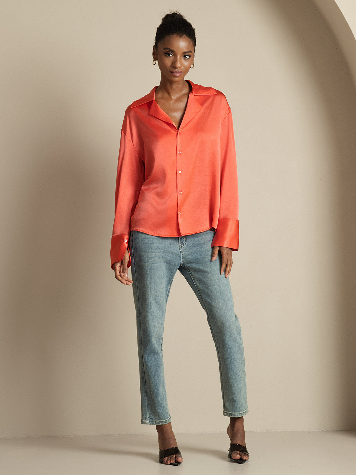 [Kejserligt Röd] SilkSilky-SE 19Momme Silke Womens Shirt 008