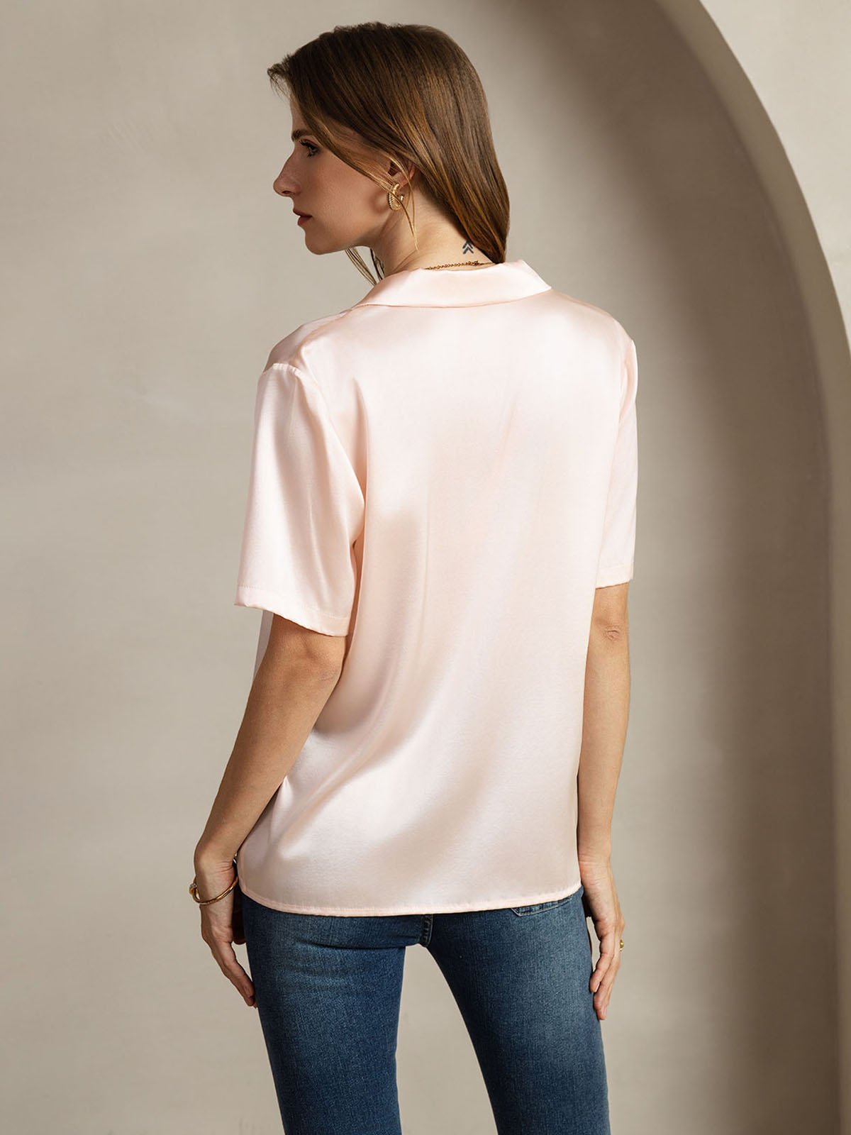 [Rosa] SilkSilky-SE Short Sleeve Notch Collar Damskjorta 002