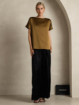 [Brun] SilkSilky-SE 19Momme Kort Ärm Båtringad Dam T-Shirt 007
