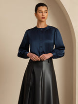 [Mörkblå] SilkSilky-SE 19Momme Long Sleeve Round Neck Blus 004