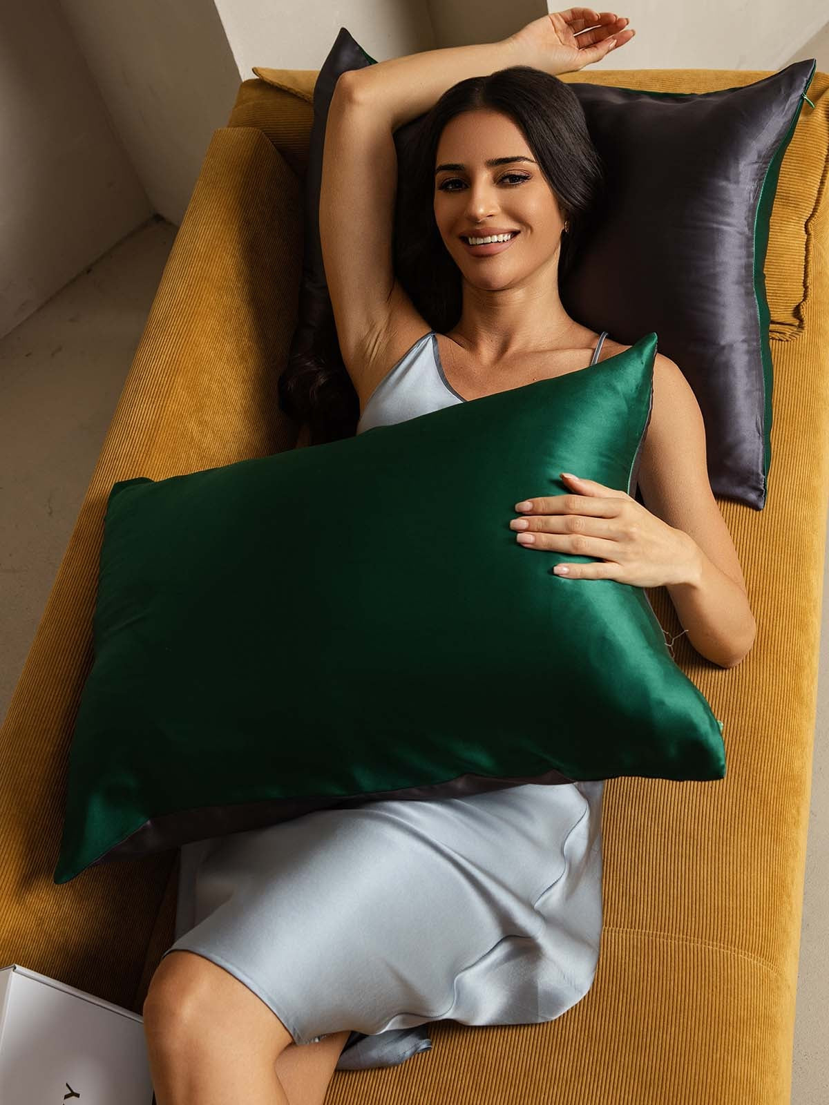 [Mörkgrön+Mörkgrå] SilkSilky-SE 19Momme Rent Silke Pillowcase 004