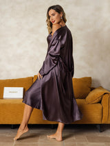 [Lila Grå] SilkSilky-SE Long Sleeve V Neck Dam Nattlinne&Morgonrock Set 002