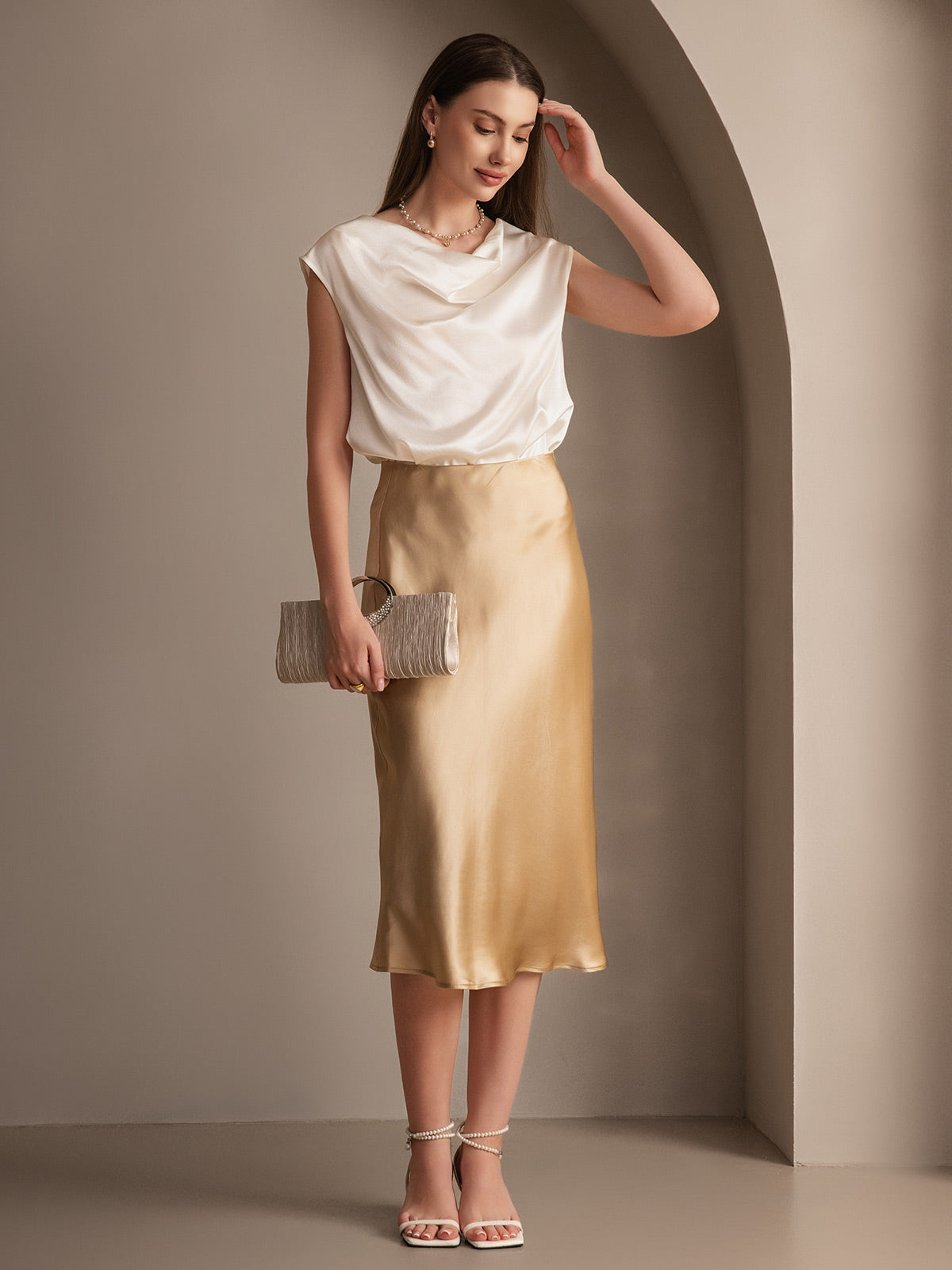 [Champagne] SilkSilky-SE 19Momme Rent Silke Skirt 006