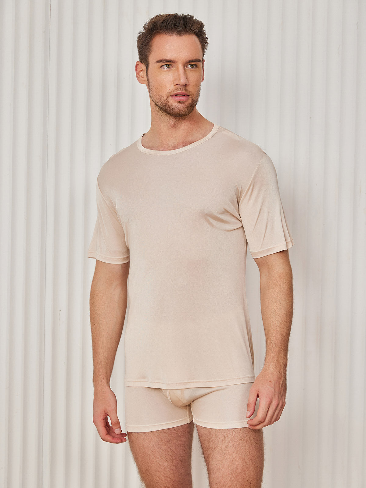 SilkSilky-SE Silke Stickad Kort Ärm Mens T-Shirt Beige 001