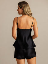 [Svart] SilkSilky-SE Spaghetti Strap V Neck Camisole Set 002