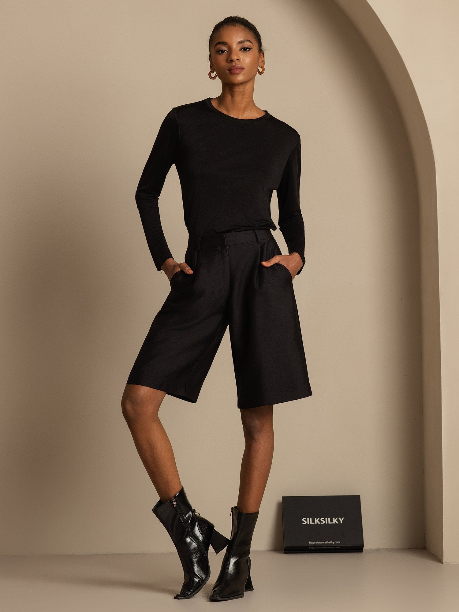 [Svart] SilkSilky-SE 32Momme Silk-Wool Blend Womens Shorts 005,