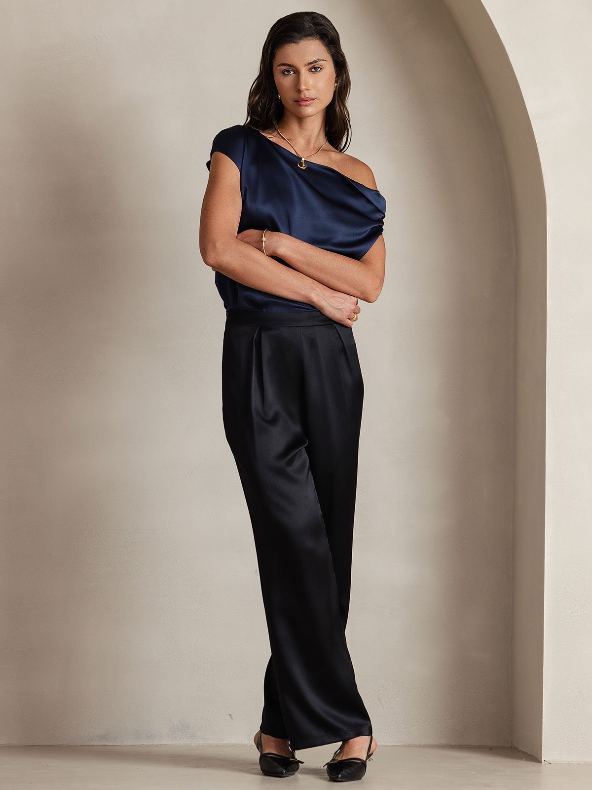 [Svart] SilkSilky-SE 19Momme Silke Womens Pants 007