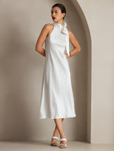[Vit] SilkSilky-SE 19Momme Stretch Silk Charmeuse Sleeveless Halter Klänning 006