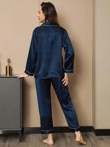 [Mörkblå] SilkSilky-SE Long Sleeve Lapel Collar Dam Pyjama 003
