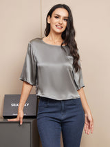 [Mörkgrå] SilkSilky-SE Hårärm Djup Rund Halsringning Dam T-Shirt 005