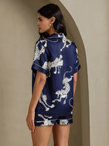 [Marinblå Gepard] SilkSilky-SE Short Sleeve Notch Collar Dam Pyjama 002