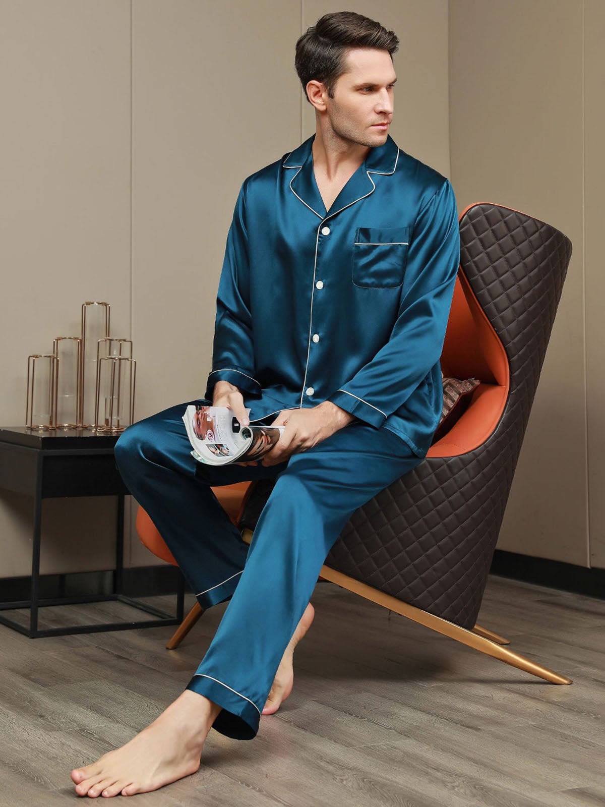 [Kungsblått] SilkSilky-SE 19Momme Rent Silke Mens Pajamas 007