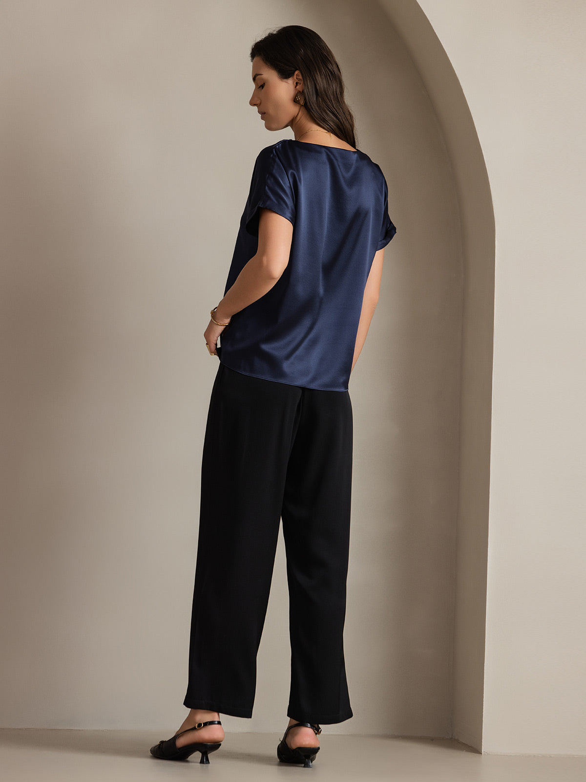 [Mörkblå] SilkSilky-SE 19Momme Silke Womens T-Shirt 002,