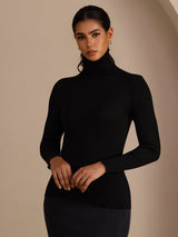 [Svart] SilkSilky-SE Long Sleeve Turtle Neck Dam T-Shirt 001
