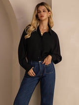[Svart] SilkSilky-SE Long Sleeve Lapel Collar Damskjorta 005