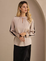[Tan] SilkSilky-SE Long Sleeve Keyhole Neck Damblusar 003