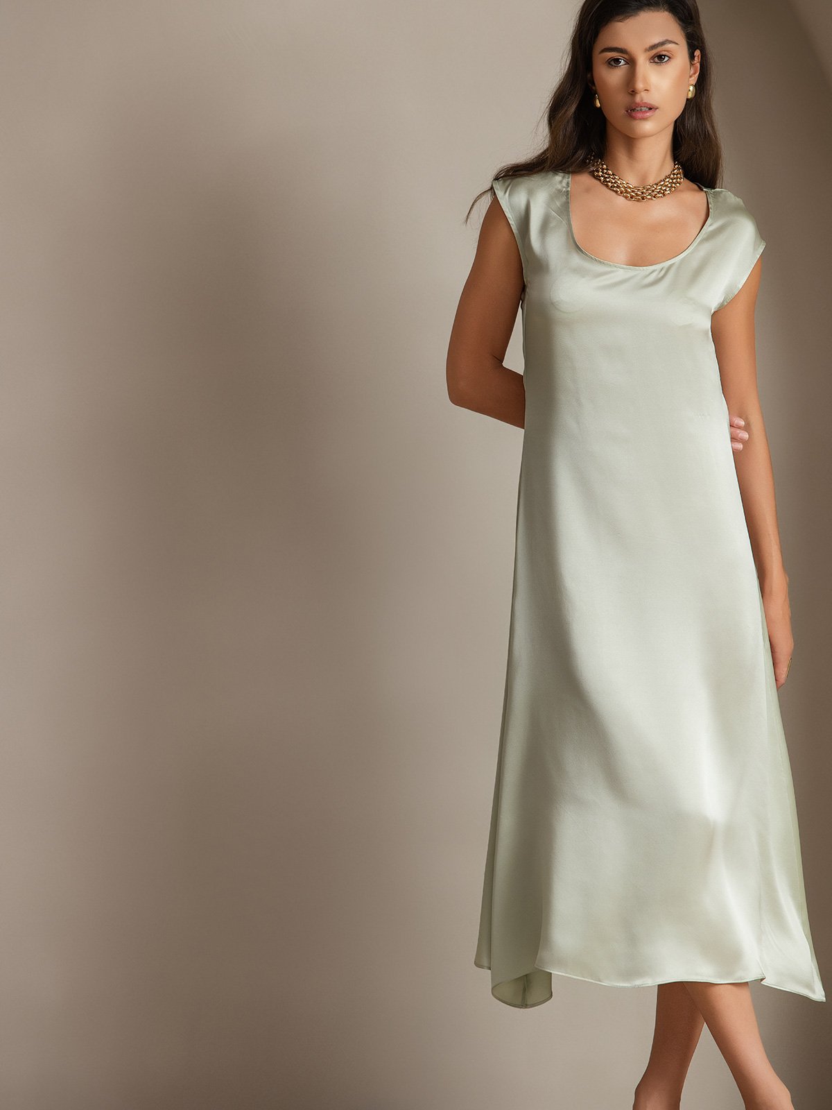 [Ljusgrön] SilkSilky-SE 19Momme Silke Ärmlös Dress 003