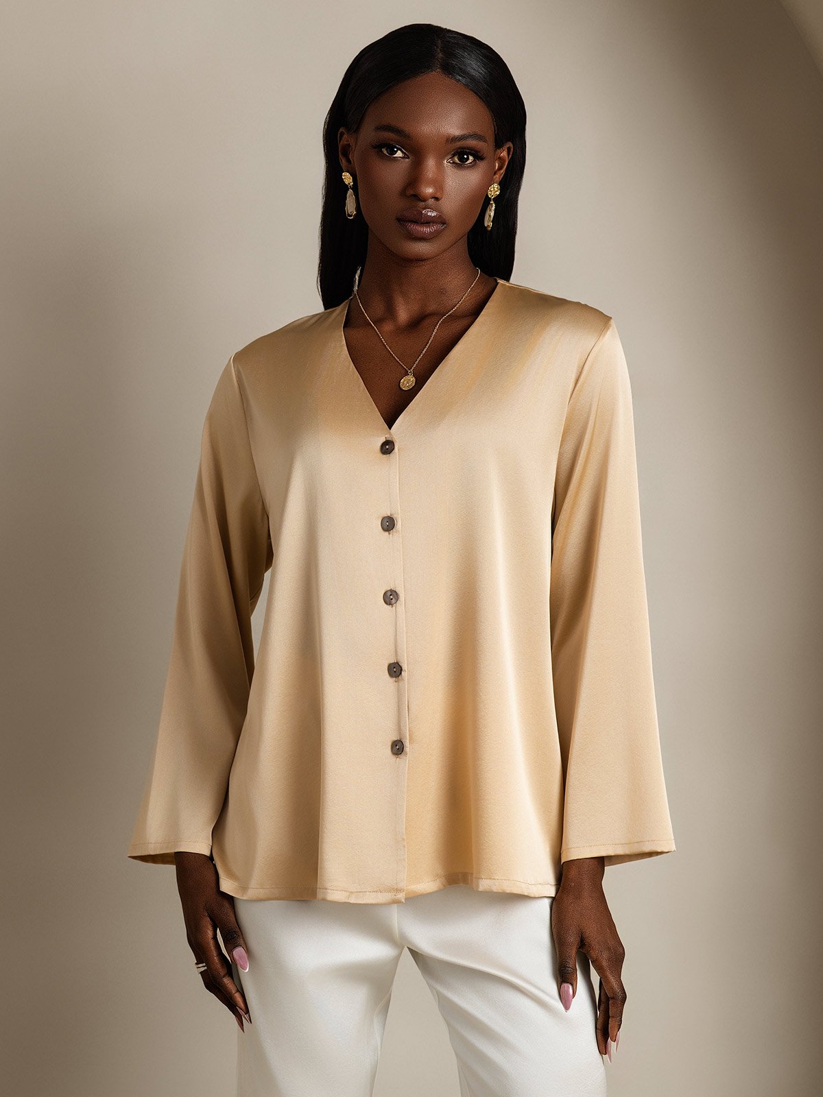 [Champagne] SilkSilky-SE 19Momme Silke V-Hals Damskjorta 003