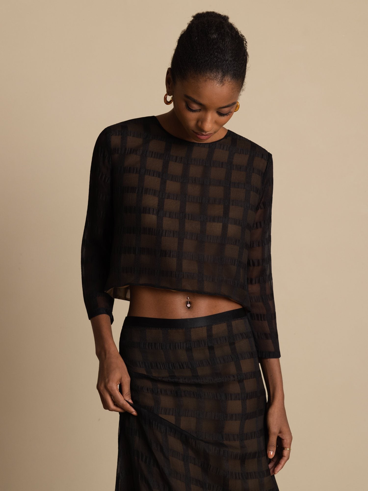 [Svart] SilkSilky-SE Rent Silke Lång Ärm Rund Halsringning Women''s Outfit Sets 007