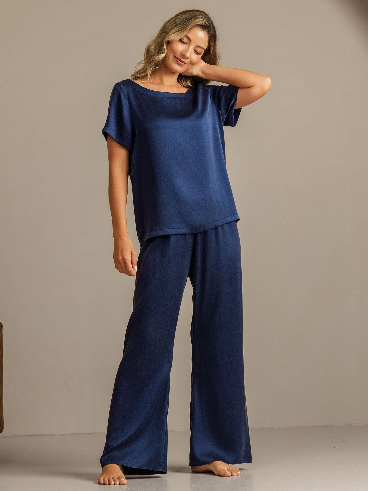 [Mörkblå] SilkSilky-SE 19Momme Silke Womens Pajamas 006