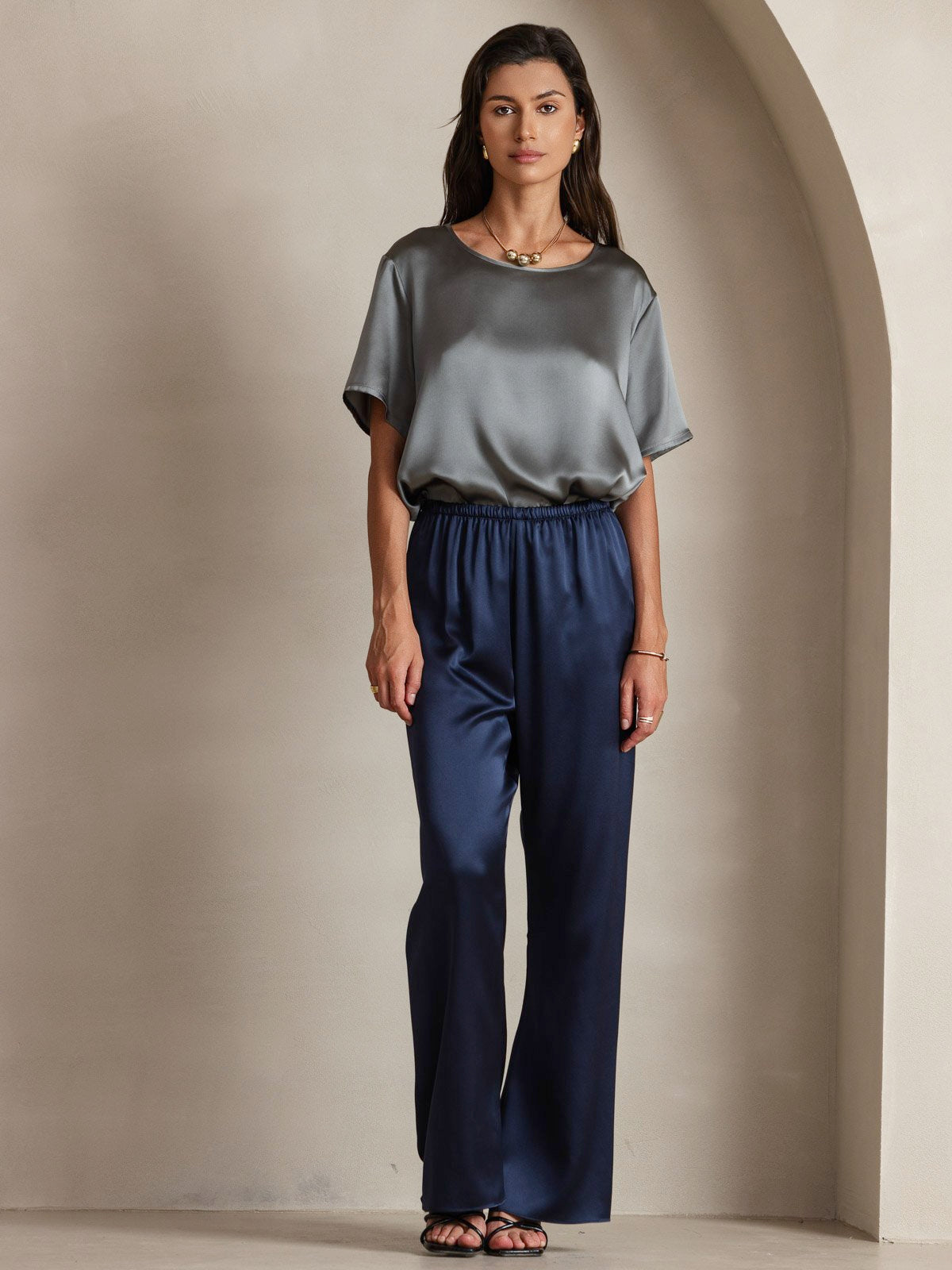 [Mörkblå] SilkSilky-SE 19Momme Silke Womens Pants 005
