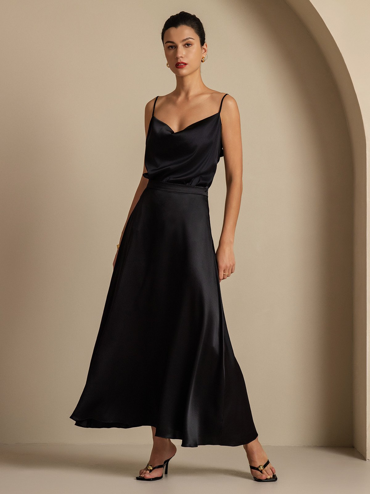 [Svart] SilkSilky-SE 19Momme Silke Krage Women''s Outfit Sets 009,