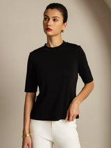 [Svart] SilkSilky-SE Half Sleeve Crewkrage Dam T-Shirt 006