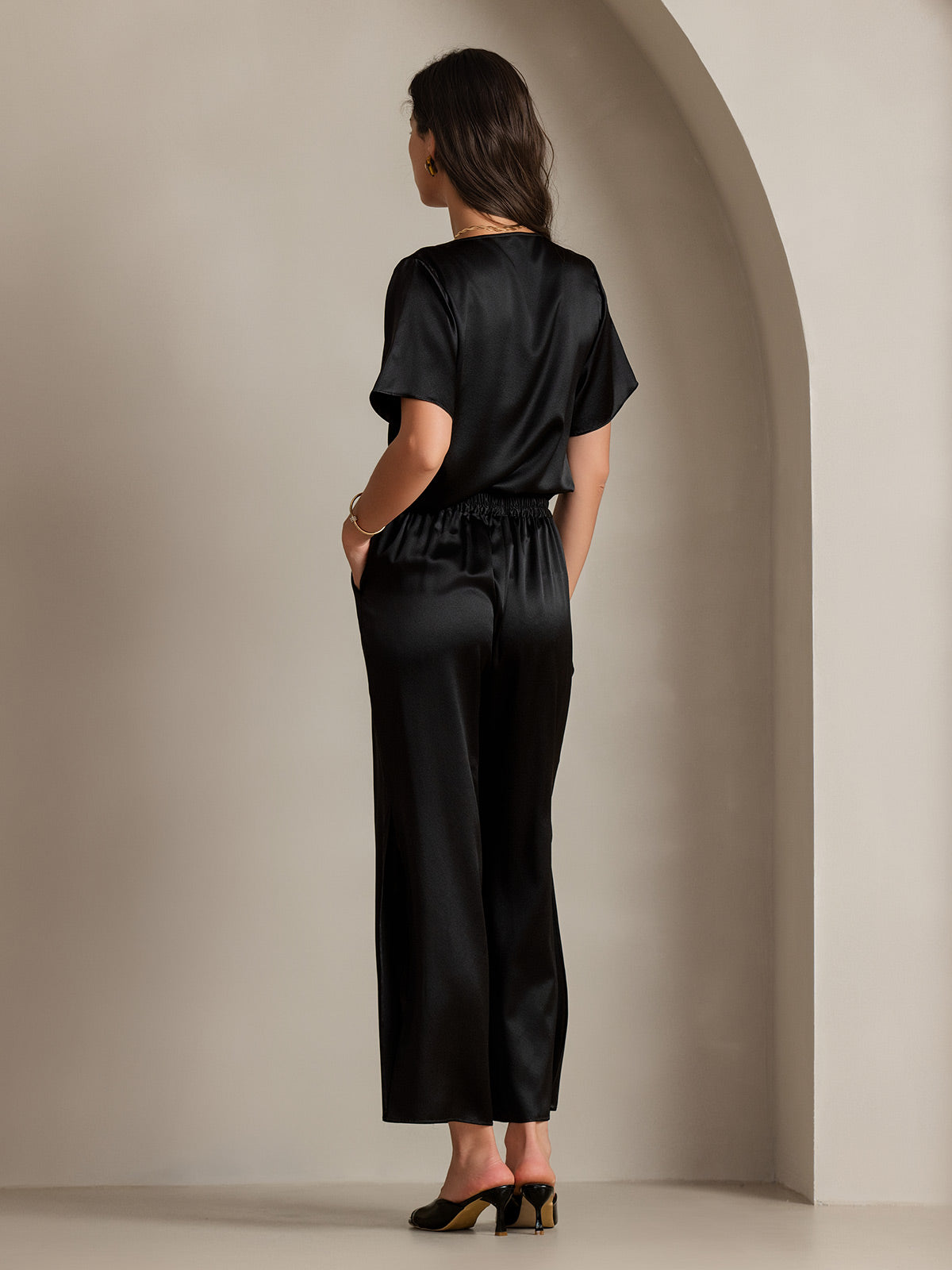 [Svart] SilkSilky-SE 19Momme Silke Womens T-Shirt 002