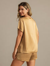 [Tan] SilkSilky-SE 19Momme Kort Ärm Rund Halsringning Dam Pyjama 002
